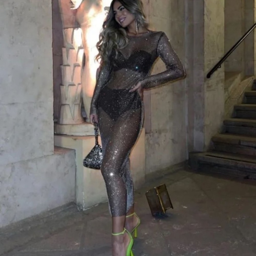 Zara Sheer Metallic Sparkle Midi Dress in Black/Silver -missing gems